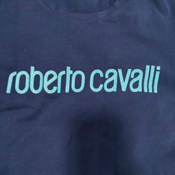 Roberto Cavalli Navy Blue Logo Print Shirt Sleeve T-Shirt Women's Size Large - Picture 6 of 14
